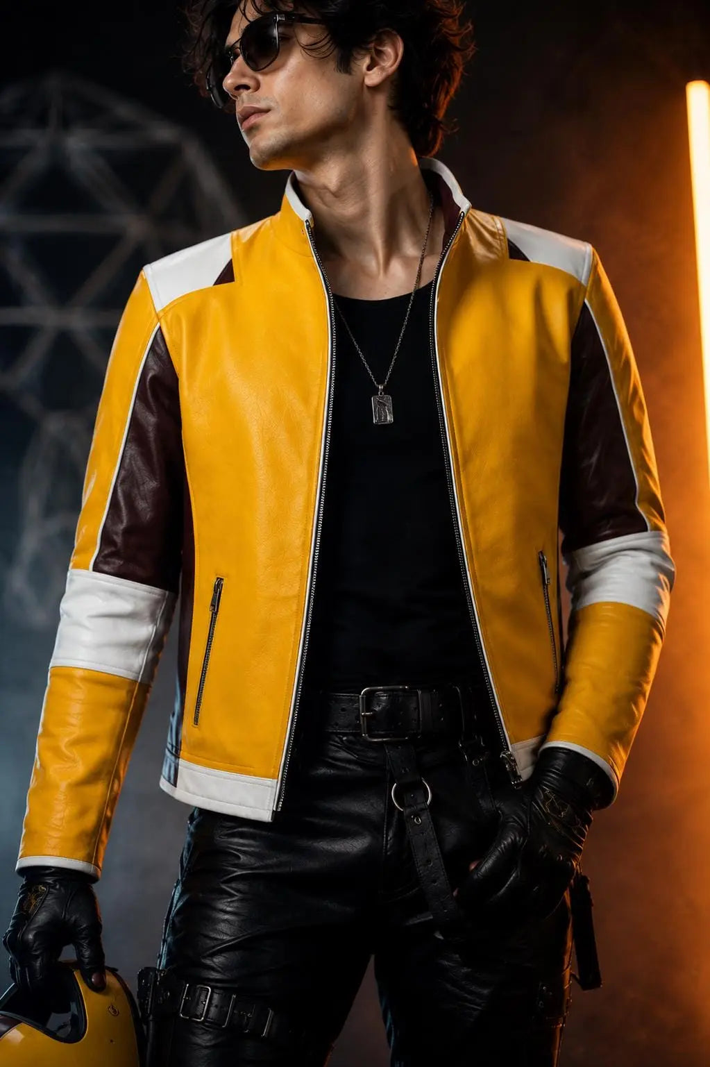 Handmade Skull Patch Cosplay Lambskin Leather Jacket for Men - Yellow Maroon Racer Jacket