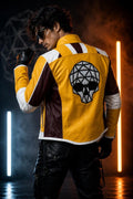 Handmade Skull Patch Cosplay Lambskin Leather Jacket for Men - Yellow Maroon Racer Jacket