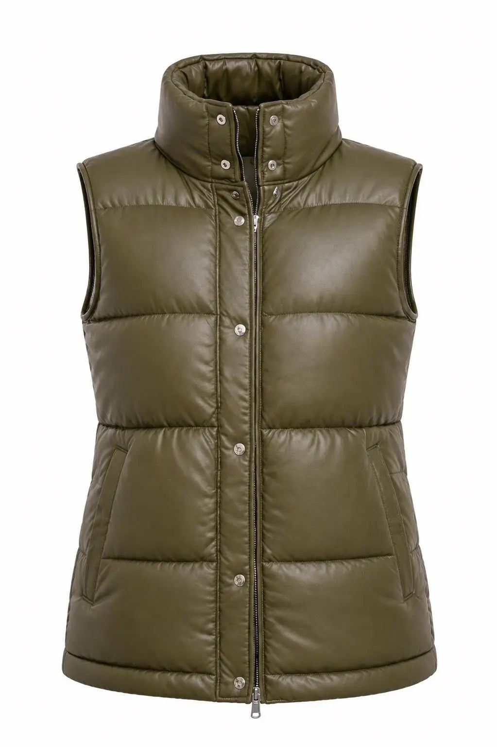 Handmade Genuine Lambskin Leather Puffer Vest | Olive Green Gilet