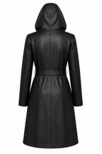 Handmade Women's Long Hooded Sheep Leather Coat | Black Belted Trench Style Leather Jacket