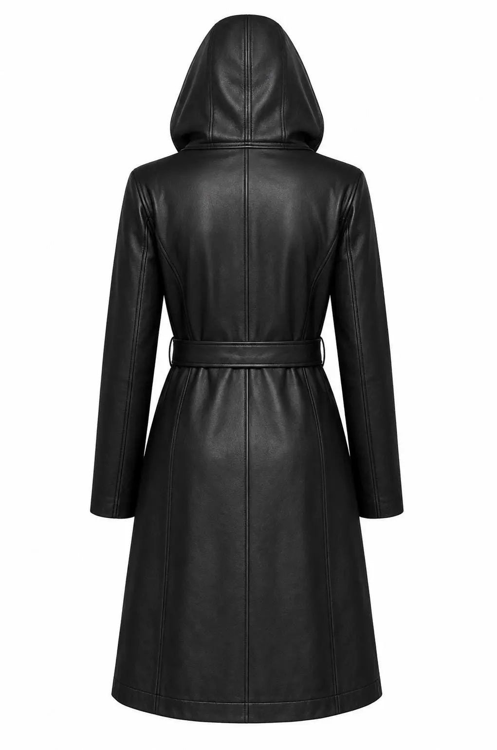 Handmade Women's Long Hooded Sheep Leather Coat | Black Belted Trench Style Leather Jacket