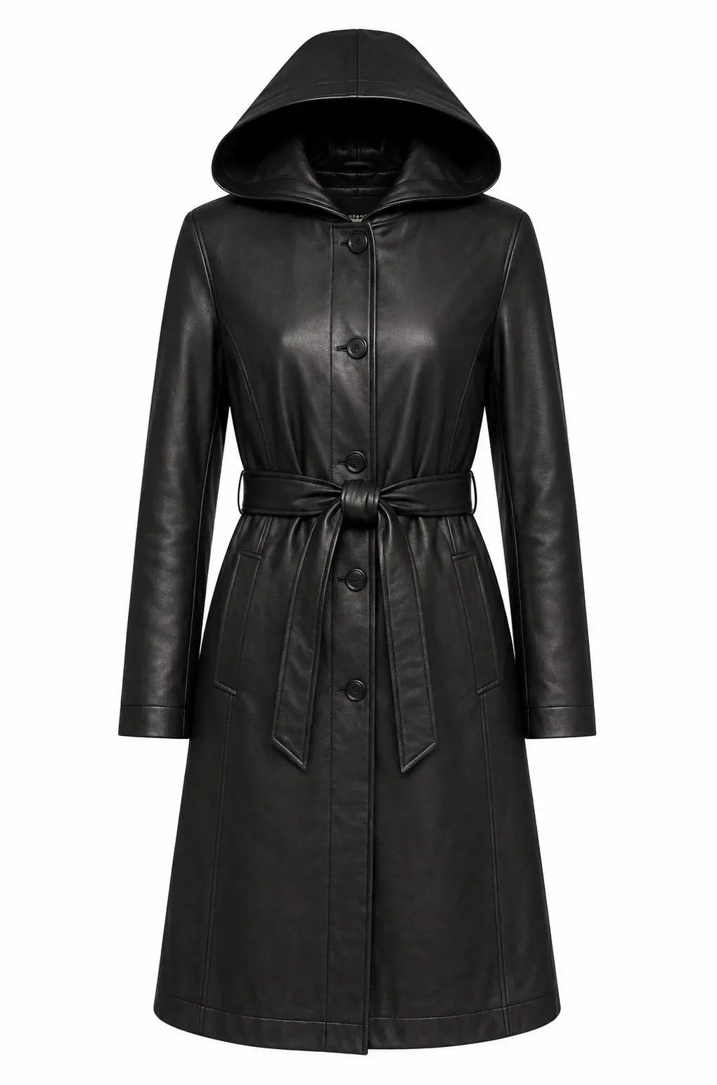 Handmade Women's Long Hooded Sheep Leather Coat | Black Belted Trench Style Leather Jacket