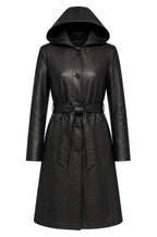 Handmade Women's Long Hooded Sheep Leather Coat | Black Belted Trench Style Leather Jacket