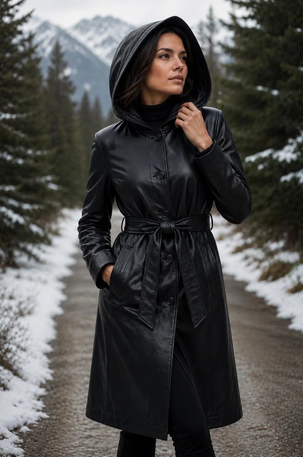 Handmade Women's Long Hooded Sheep Leather Coat | Black Belted Trench Style Leather Jacket
