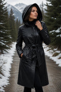 Handmade Women's Long Hooded Sheep Leather Coat | Black Belted Trench Style Leather Jacket
