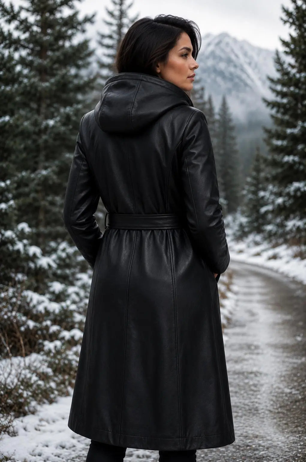Handmade Women's Long Hooded Sheep Leather Coat | Black Belted Trench Style Leather Jacket