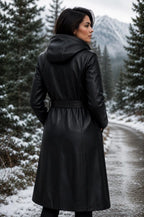 Handmade Women's Long Hooded Sheep Leather Coat | Black Belted Trench Style Leather Jacket