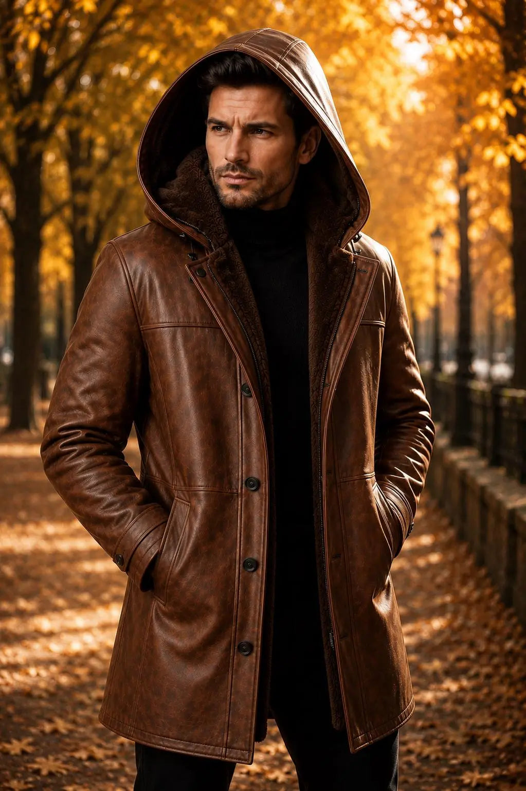 Handmade Men's Brown Lambskin Leather Coat with Faux Shearling Hood