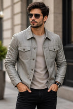 Handmade Grey Lambskin Leather Trucker Jacket | Biker Style Leather Jacket men