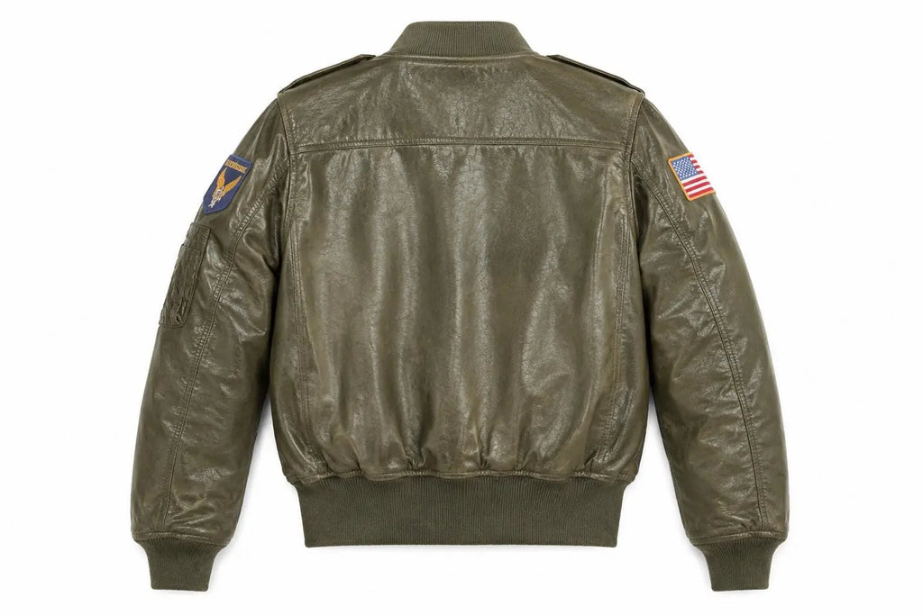 handmade 70's Aviator Bomber Jacket | Olive Green Sheepskin Leather Flight Jacket with Patches