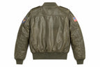 handmade 70's Aviator Bomber Jacket | Olive Green Sheepskin Leather Flight Jacket with Patches