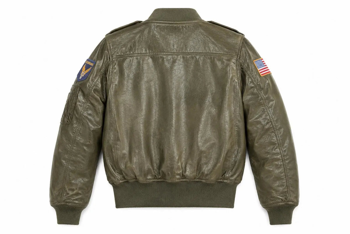 handmade 70's Aviator Bomber Jacket | Olive Green Sheepskin Leather Flight Jacket with Patches