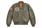 handmade 70's Aviator Bomber Jacket | Olive Green Sheepskin Leather Flight Jacket with Patches