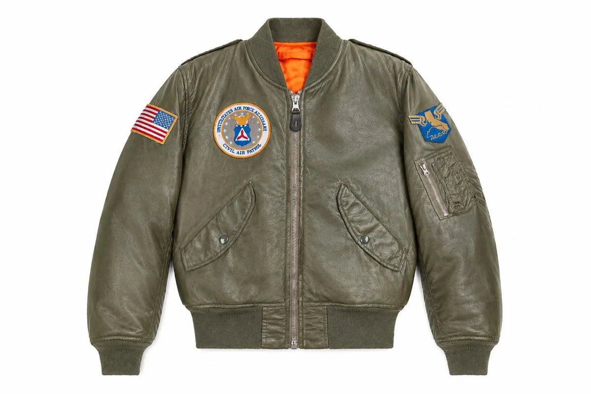 handmade 70's Aviator Bomber Jacket | Olive Green Sheepskin Leather Flight Jacket with Patches