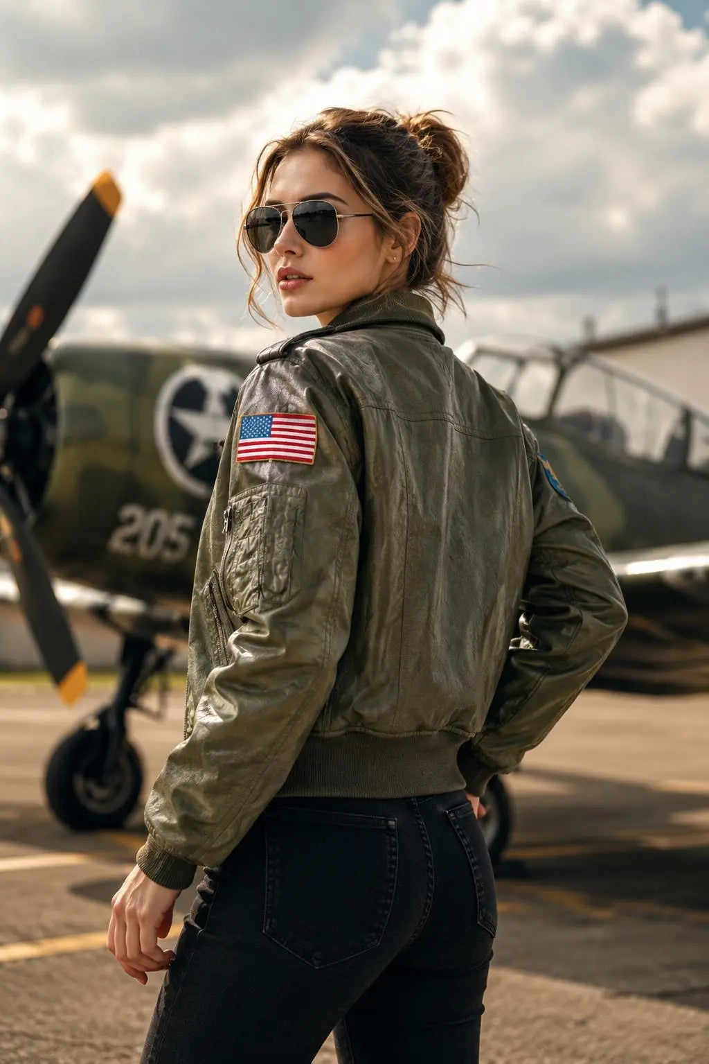 handmade 70's Aviator Bomber Jacket | Olive Green Sheepskin Leather Flight Jacket with Patches