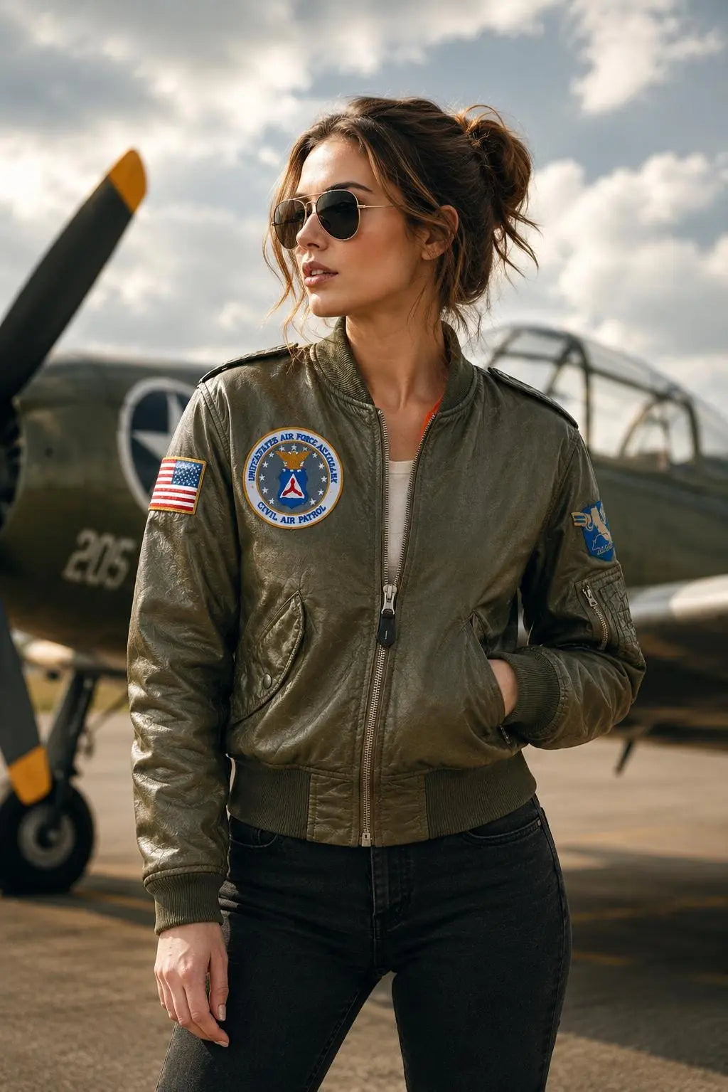 handmade 70's Aviator Bomber Jacket | Olive Green Sheepskin Leather Flight Jacket with Patches