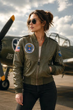 handmade 70's Aviator Bomber Jacket | Olive Green Sheepskin Leather Flight Jacket with Patches