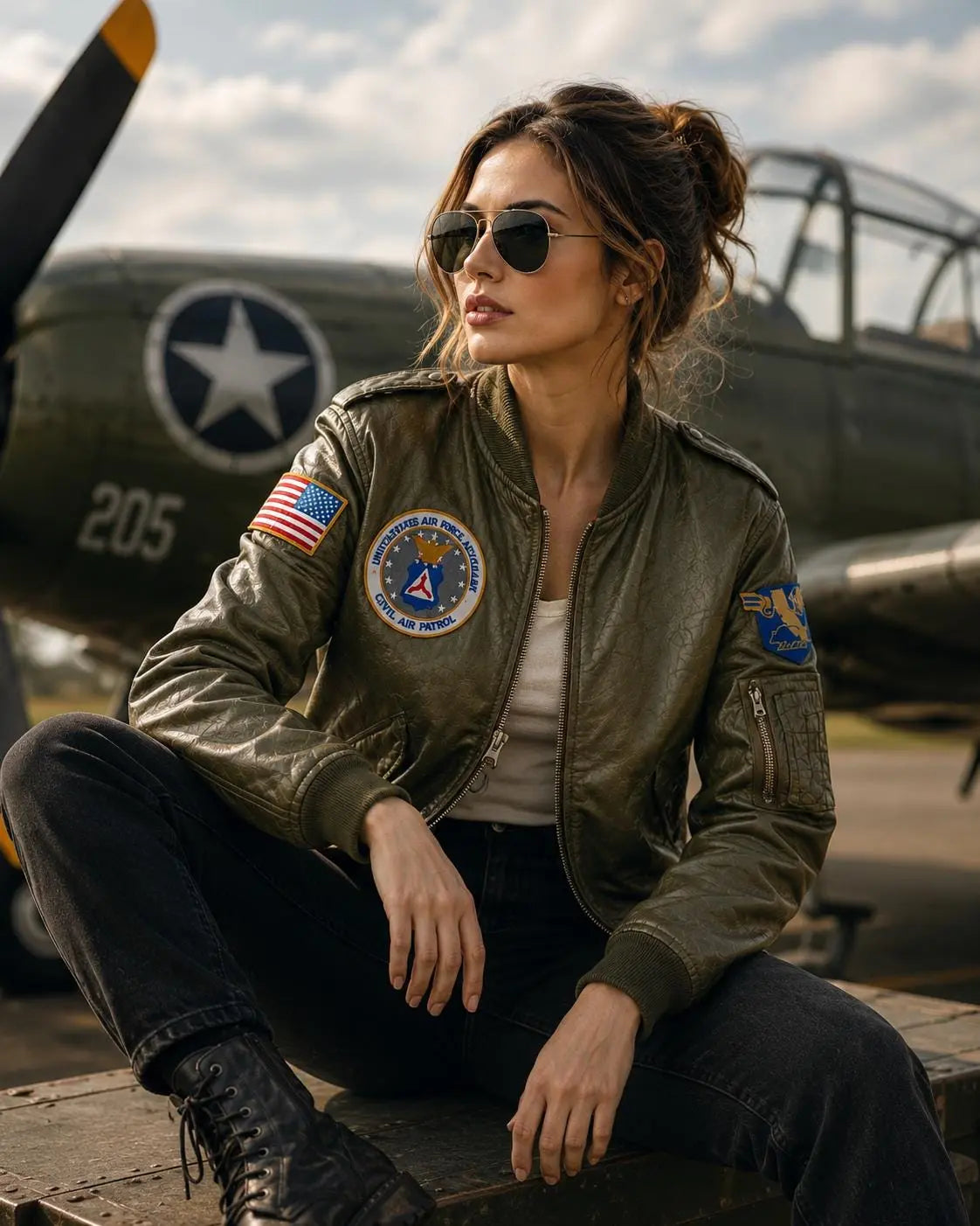 handmade 70's Aviator Bomber Jacket | Olive Green Sheepskin Leather Flight Jacket with Patches