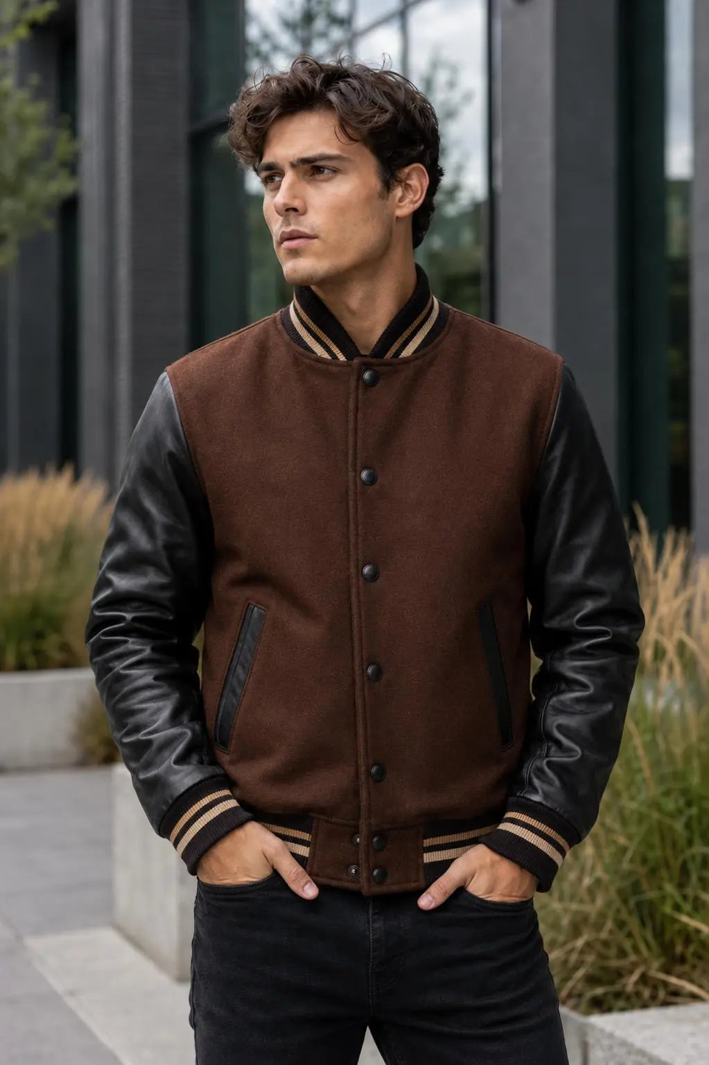 Handmade Brown Wool Varsity Jacket with Lambskin Leather Sleeves
