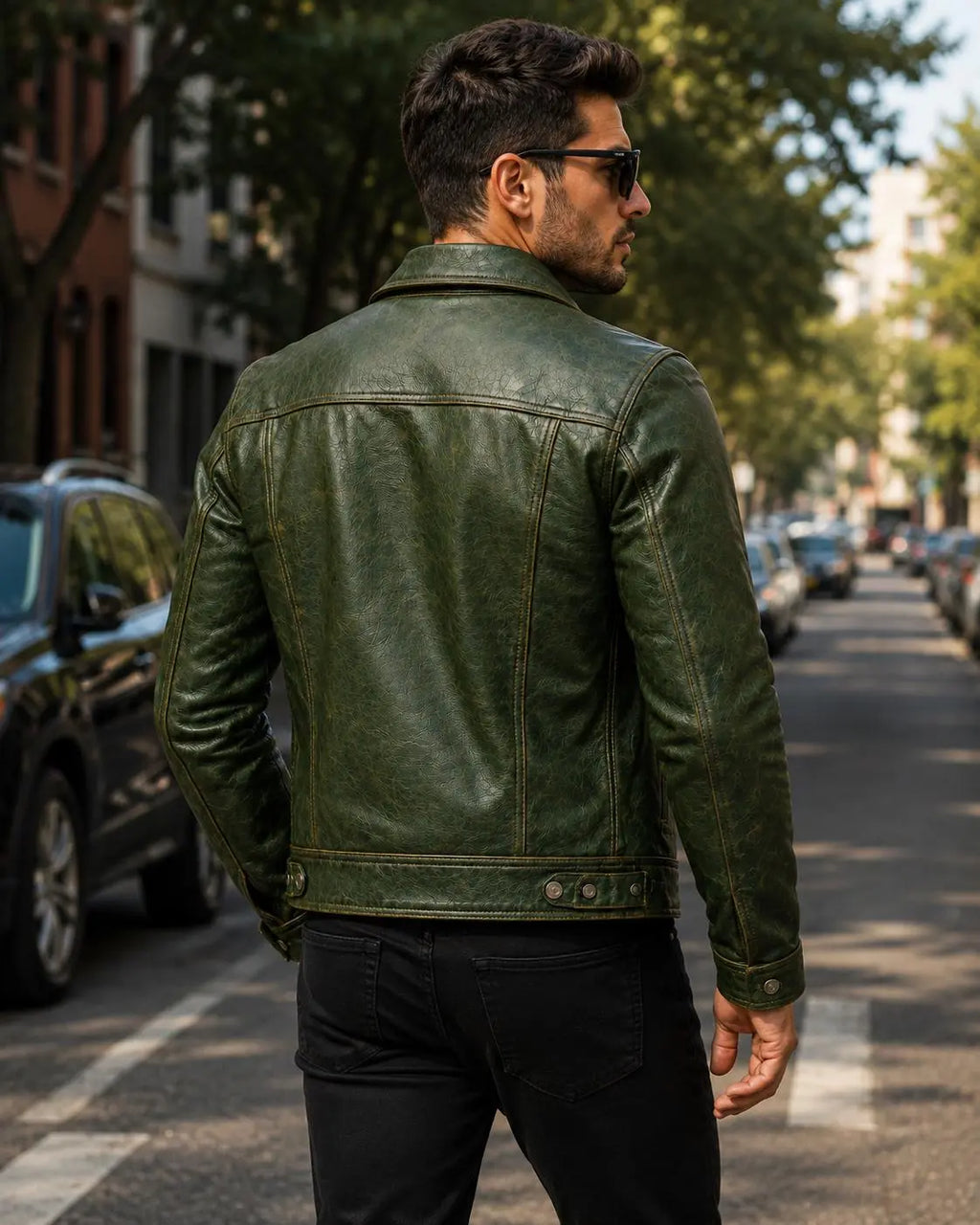 Handmade Men's Vintage Green Leather Trucker Jacket, Genuine Sheepskin Biker Style Coat