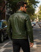Handmade Men's Vintage Green Leather Trucker Jacket, Genuine Sheepskin Biker Style Coat