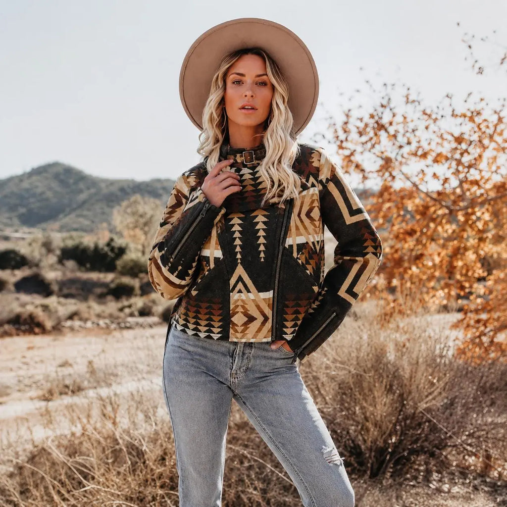 Kelly Reilly Aztec Moto Jacket | Handmade Wool Southwestern Biker Coat with Faux Shearling Collar | Beth Dutton Style