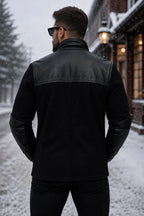 Handmade Men's Black Wool Leather Donkey Jacket, Vintage Workwear Coat