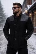Handmade Men's Black Wool Leather Donkey Jacket, Vintage Workwear Coat