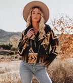 Kelly Reilly Aztec Moto Jacket | Handmade Wool Southwestern Biker Coat with Faux Shearling Collar | Beth Dutton Style