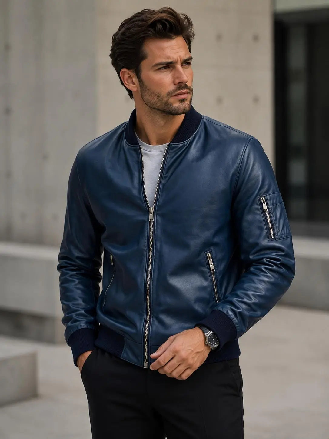 Handmade Men's Navy Blue Lambskin Leather Bomber Jacket | Gift for Him