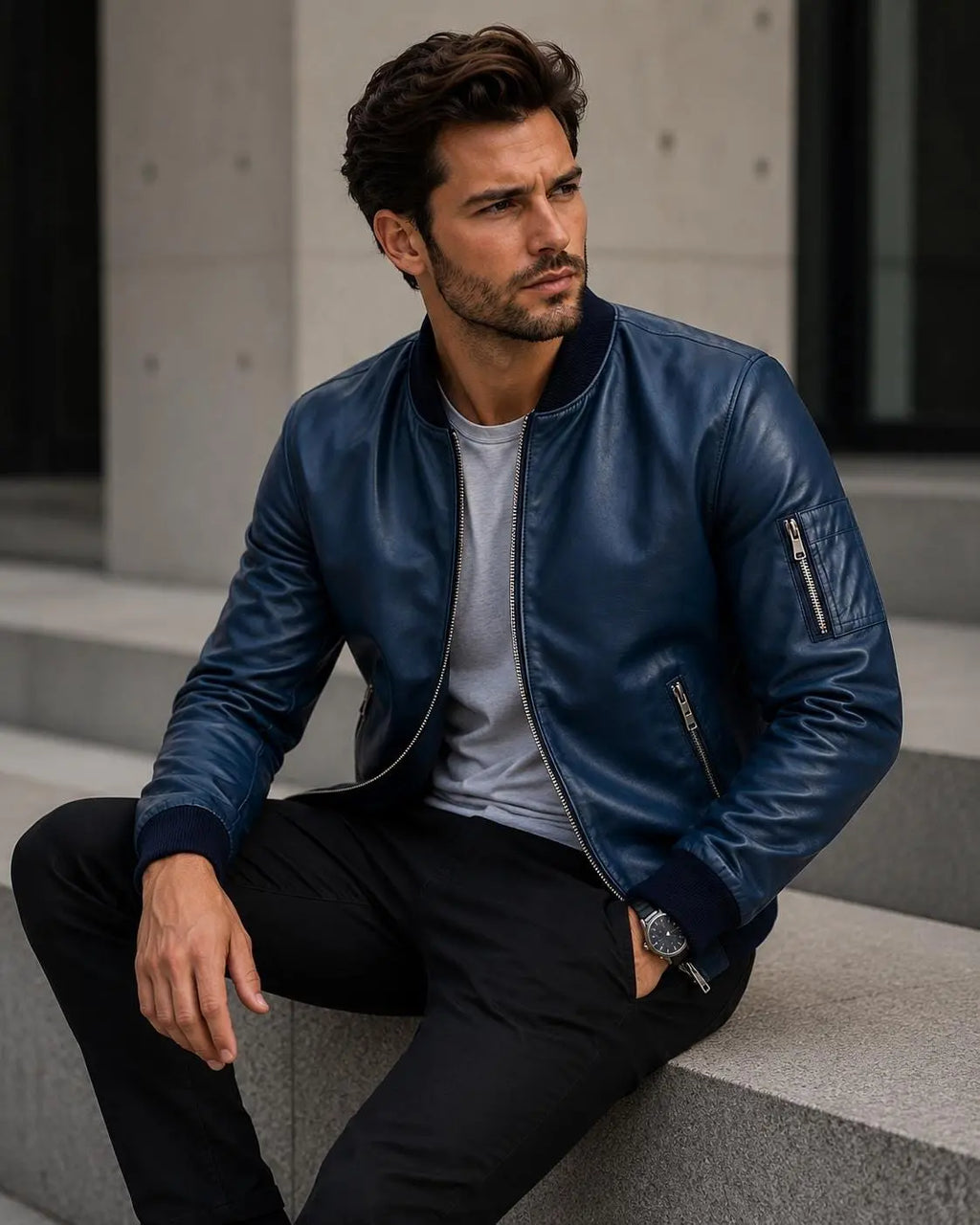 Handmade Men's Navy Blue Lambskin Leather Bomber Jacket | Gift for Him