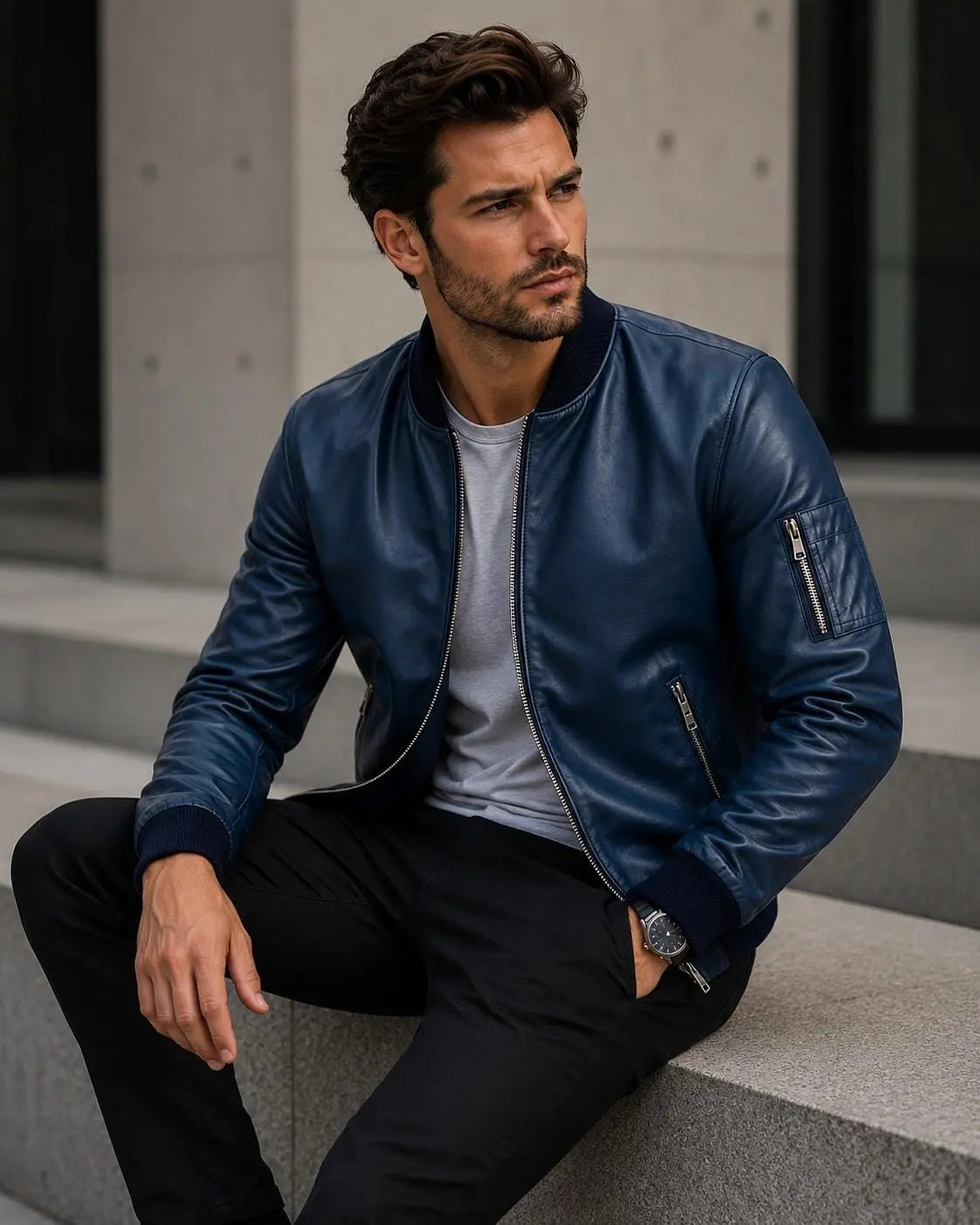 Handmade Men's Navy Blue Lambskin Leather Bomber Jacket | Gift for Him