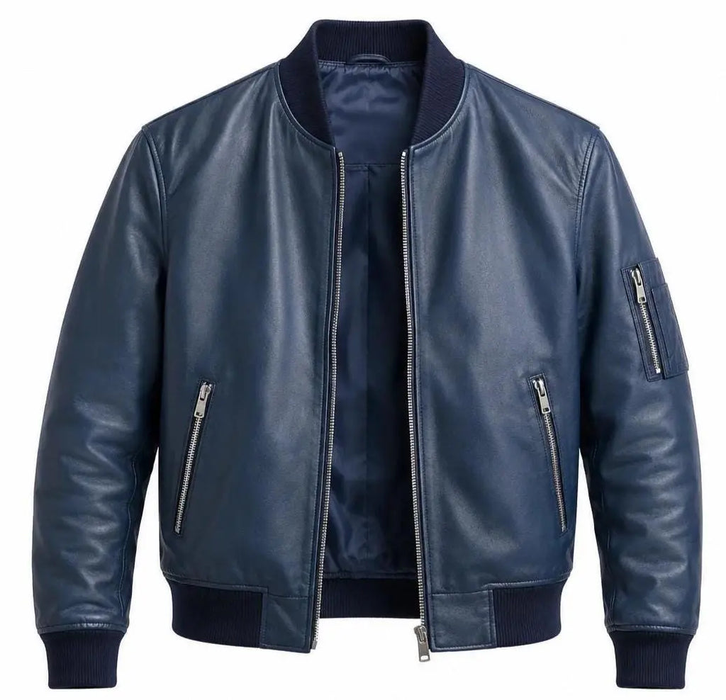 Handmade Men's Navy Blue Lambskin Leather Bomber Jacket | Gift for Him