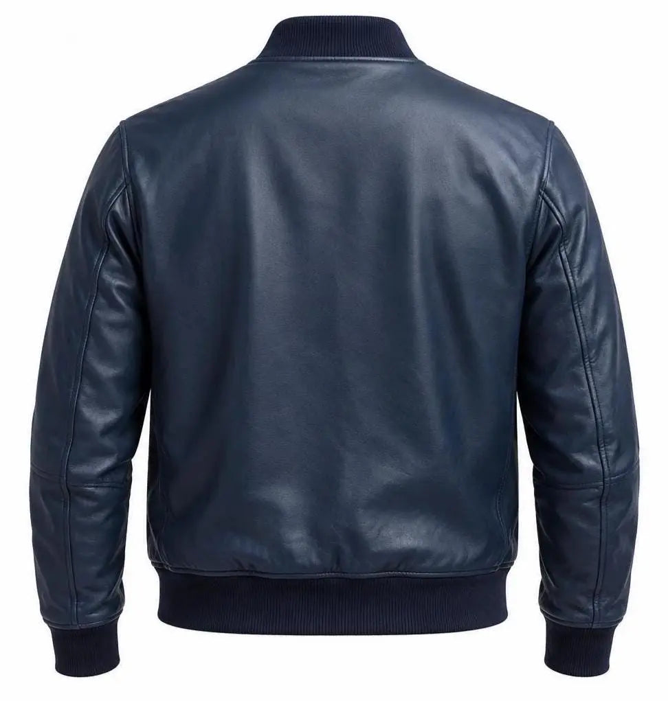 Handmade Men's Navy Blue Lambskin Leather Bomber Jacket | Gift for Him
