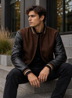 Handmade Brown Wool Varsity Jacket with Lambskin Leather Sleeves