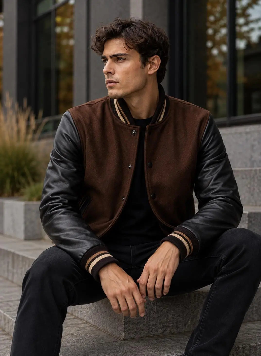 Handmade Brown Wool Varsity Jacket with Lambskin Leather Sleeves