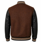 Handmade Brown Wool Varsity Jacket with Lambskin Leather Sleeves