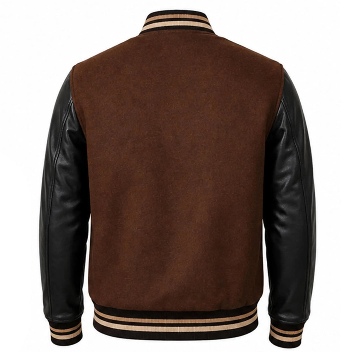 Handmade Brown Wool Varsity Jacket with Lambskin Leather Sleeves