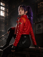 Red Orange Moto Crop Jacket – Handmade Anime Pilot Cosplay Lambskin Leather Jacket for Women