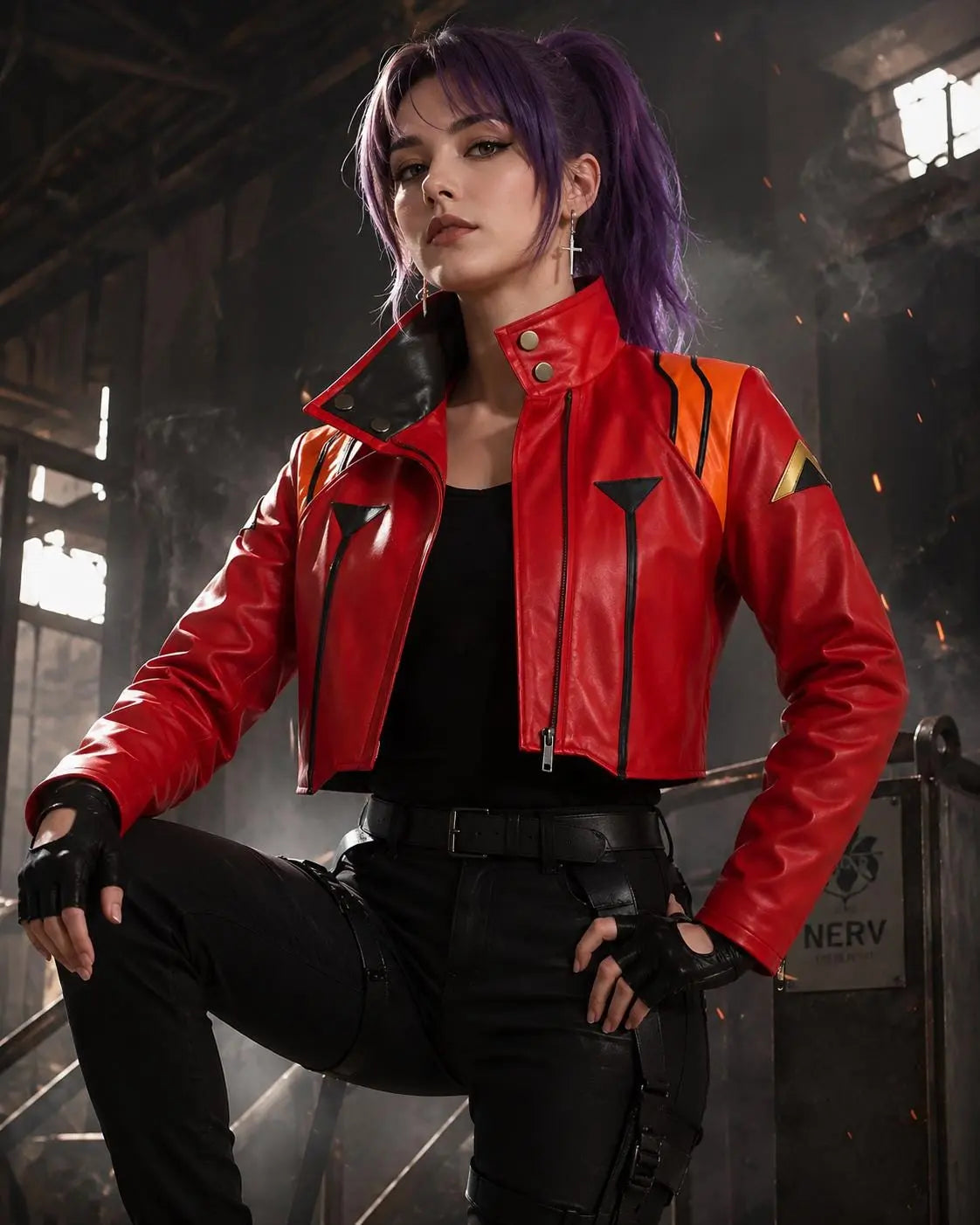 Red Orange Moto Crop Jacket – Handmade Anime Pilot Cosplay Lambskin Leather Jacket for Women