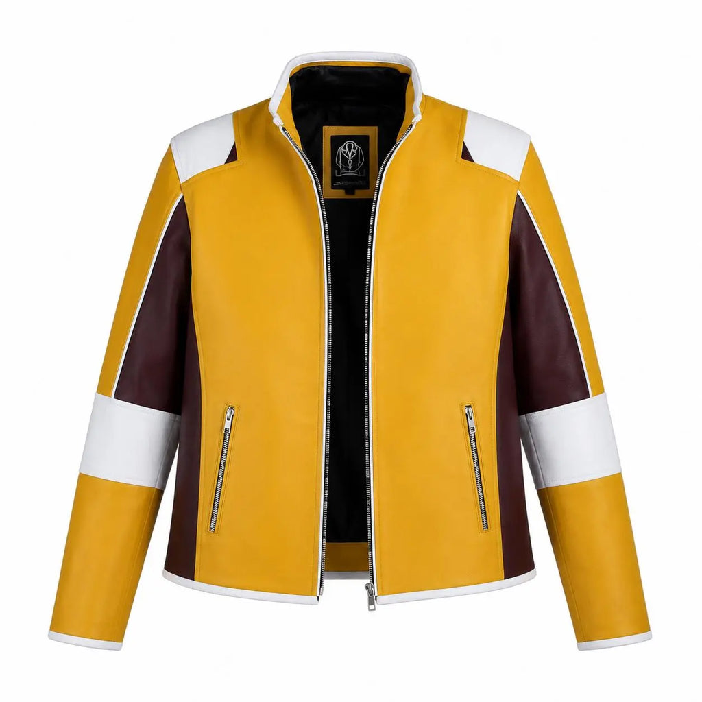 Handmade Skull Patch Cosplay Lambskin Leather Jacket for Men - Yellow Maroon Racer Jacket