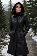 Handmade Women's Long Hooded Sheep Leather Coat | Black Belted Trench Style Leather Jacket