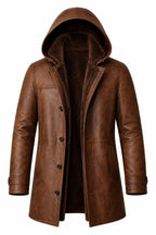 Handmade Men's Brown Lambskin Leather Coat with Faux Shearling Hood