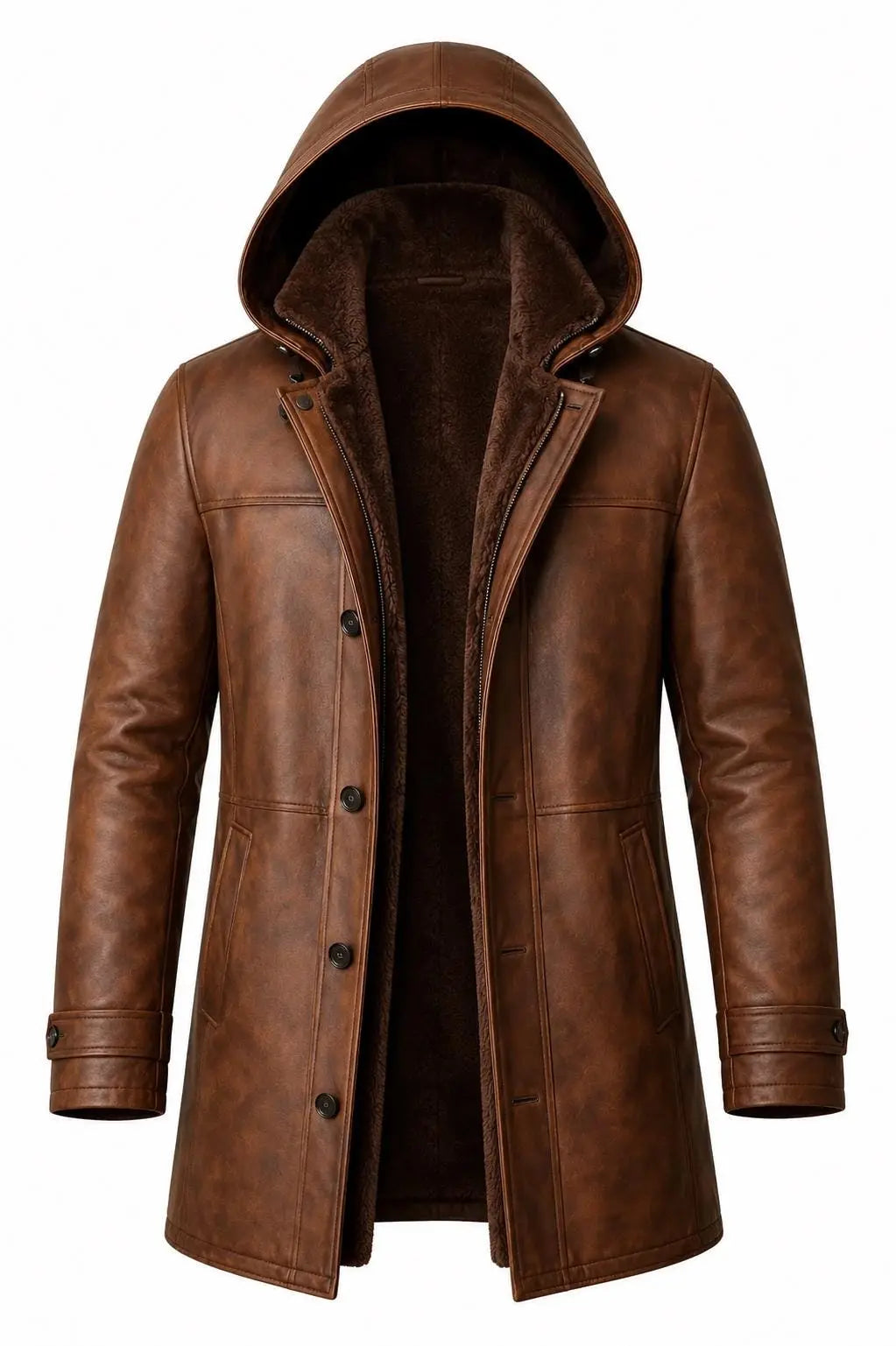 Handmade Men's Brown Lambskin Leather Coat with Faux Shearling Hood