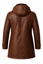 Handmade Men's Brown Lambskin Leather Coat with Faux Shearling Hood