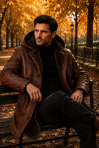 Handmade Men's Brown Lambskin Leather Coat with Faux Shearling Hood