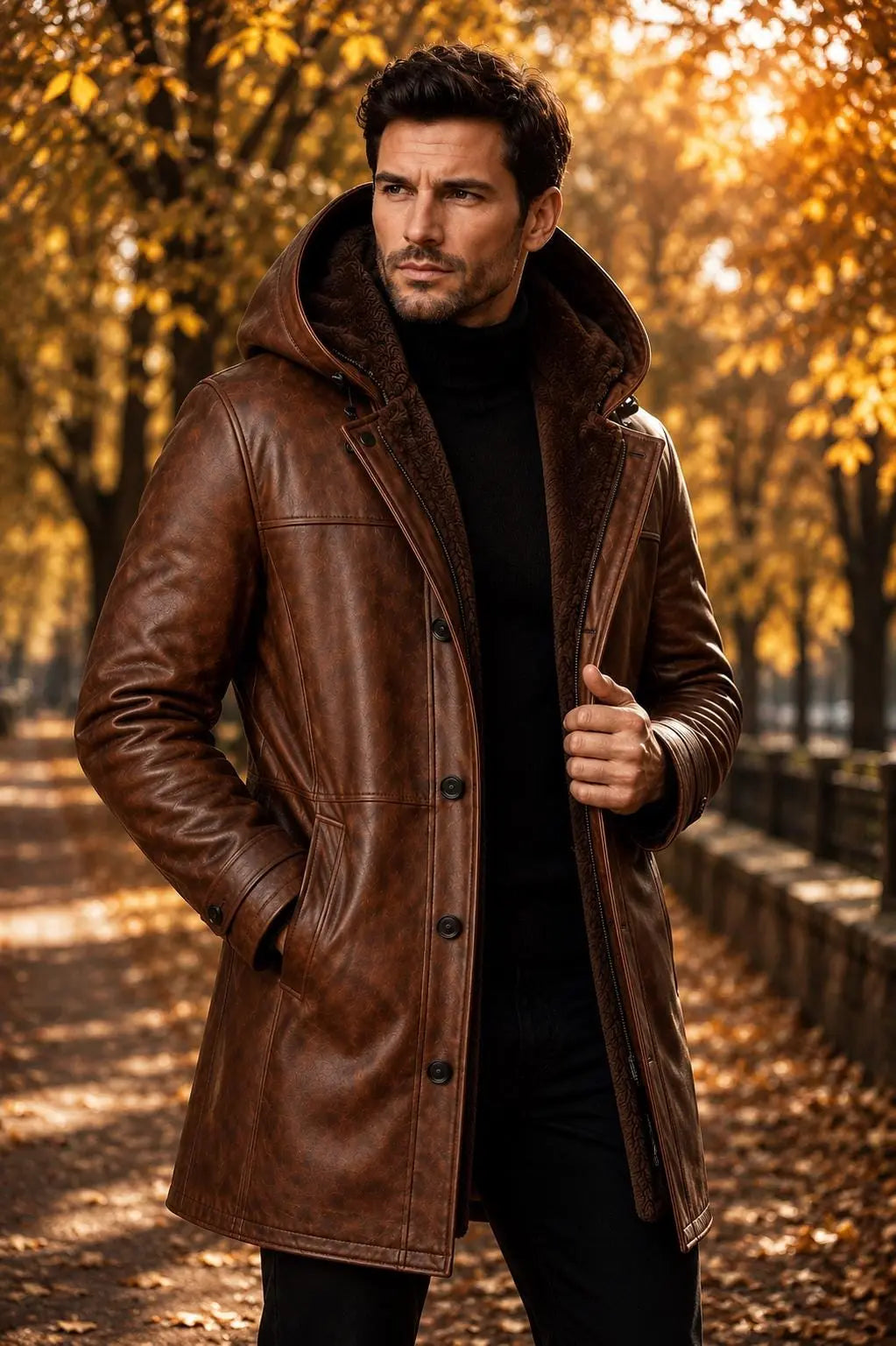 Handmade Men's Brown Lambskin Leather Coat with Faux Shearling Hood