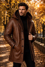 Handmade Men's Brown Lambskin Leather Coat with Faux Shearling Hood