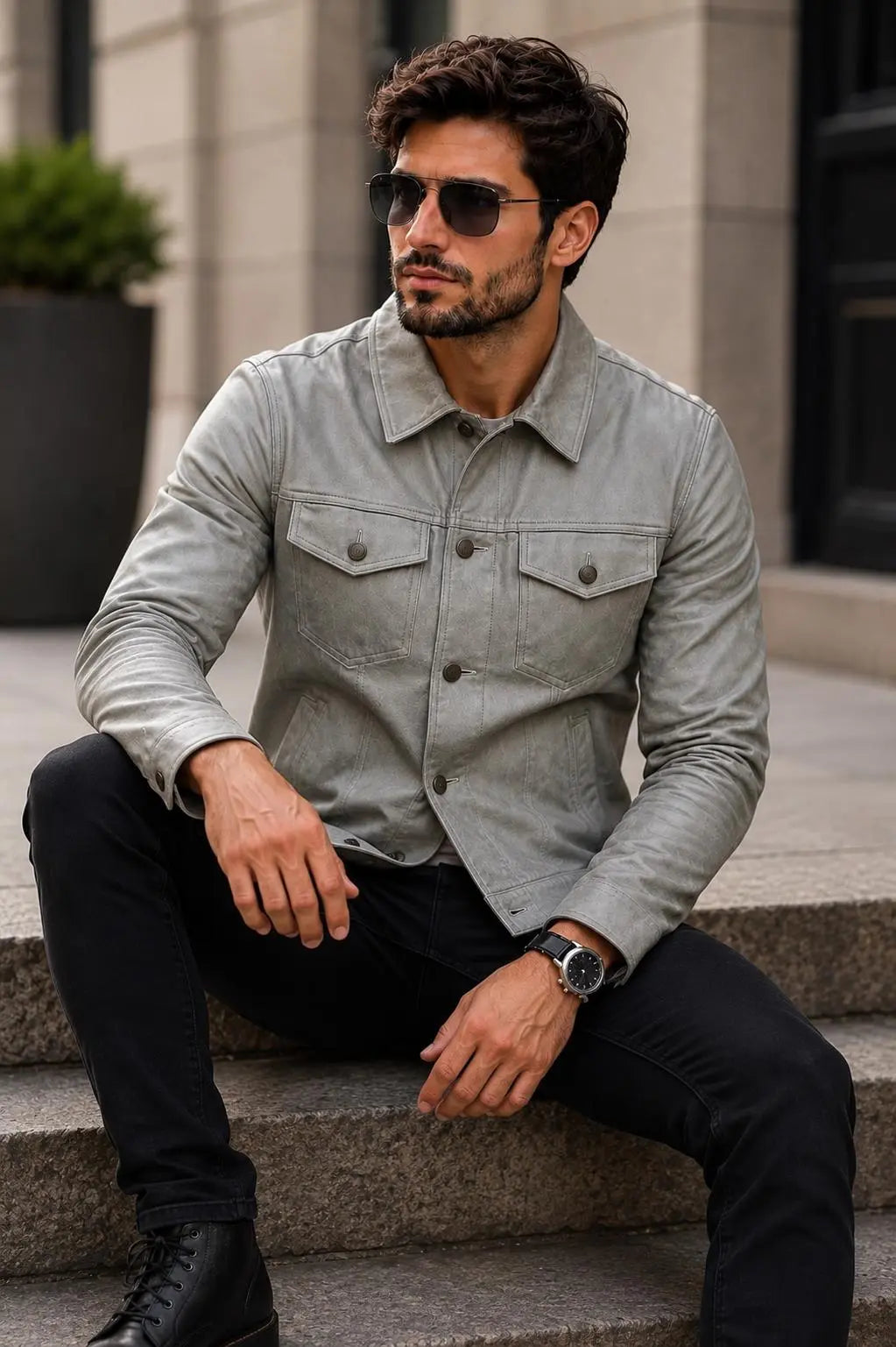 Handmade Grey Lambskin Leather Trucker Jacket | Biker Style Leather Jacket men
