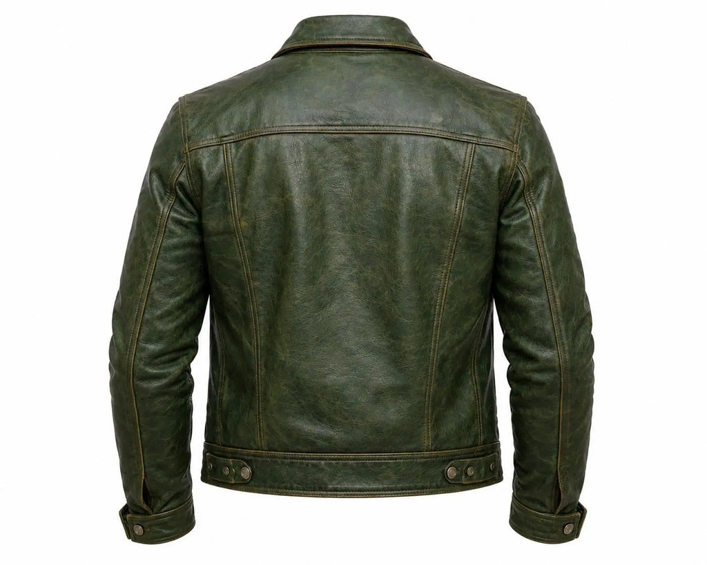 Handmade Men's Vintage Green Leather Trucker Jacket, Genuine Sheepskin Biker Style Coat